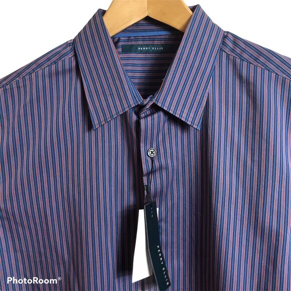 Perry Ellis Dressy Essentials Mens Large Long Sleeve Blue Striped Shirt $79.50 - Picture 1 of 5